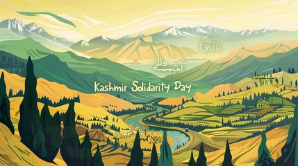 **A peaceful illustration of "Kashmir Solidarity Day" in Urdu and English, layered over a stylized representation of Kashmir's valleys and hills.