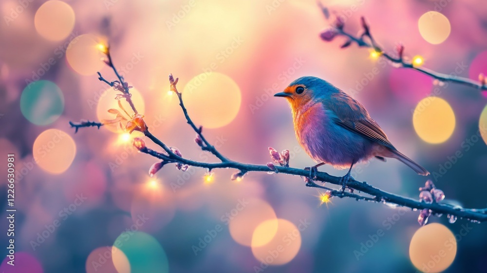 Poster Close-up of a vibrant bird perched on a branch, with a stunning, blurred background of colorful lights and bokeh effects creating a magical atmosphere.