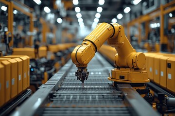 Robotic arm performing precision assembly in a modern industrial manufacturing facility