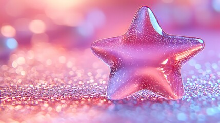 Transparent crystal star award with sharp beveled edges on a gradient purple background, photorealistic finish