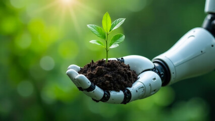 robotic hand holds young plant and soil on blurred green backdrop. technology's role in environmental conservation. concept suits Earth Day and environmental business themes.