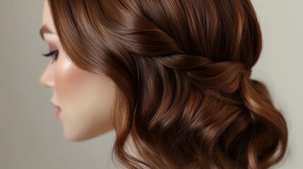 Close-up of a womans hair styled in a trendy, half-up, half-down look, with soft curls and a polished, sophisticated finish.