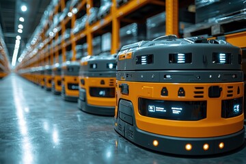 Naklejka premium Advanced robotic technology in action at a modern warehouse facility during daytime operations