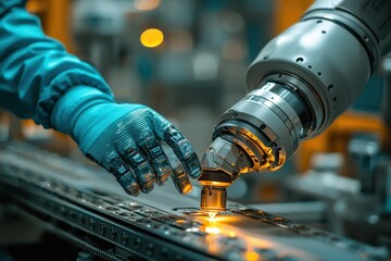 Robot arm assists in precision manufacturing process in industrial facility