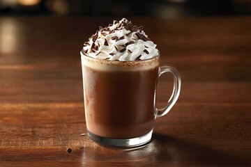 Delicious hot chocolate topped with whipped cream and chocolate shavings, served in a cozy caf? setting