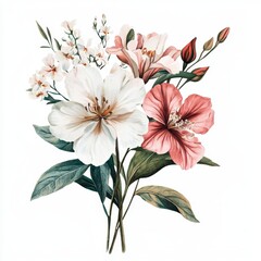 Obraz premium Beautiful Arrangement of Colorful Flowers with Delicate Petals and Lush Green Leaves on White Background