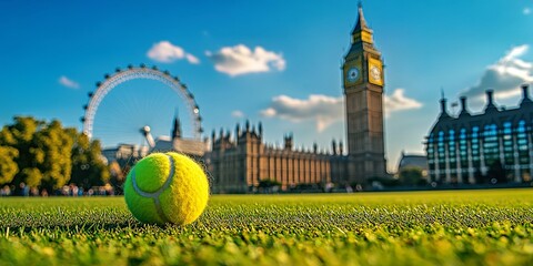 Tennis ball on grass with London architecture. Bright ball on green grass against famous skyline. Big Ben attracts tourism in iconic city. Outdoors in summer sunlight.
