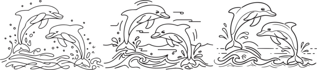 Fototapeta premium vector line art of two dolphins jumping out of the water and playing in the waves. 