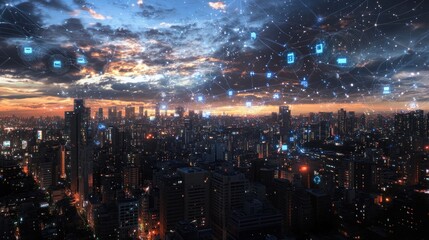 Obraz premium City skyline at dusk with interconnected digital network overlay showcasing connectivity