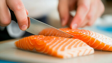 A close-up of hands slicing a fresh salmon filet on a cutting board with a sharp knife. This image captures the action of preparing seafood delicately for cooking.