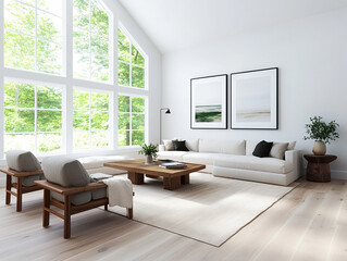 Fototapeta premium Elegant modern living room with airy, large windows