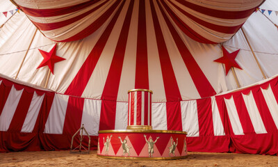 vibrant vintage circus tent featuring red and white stripes, adorned with stars and central pedestal. atmosphere evokes nostalgia and excitement for circus performances