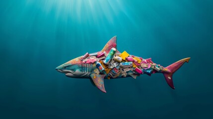Conserving marine life shark depicted with plastic waste ocean digital art underwater environmental awareness