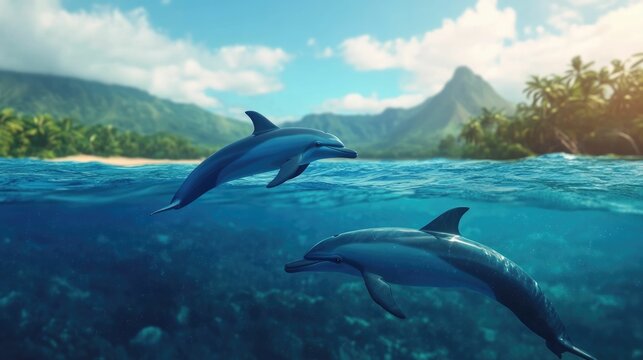 Vibrant 3D animation of playful cartoon dolphins teaching children about the wonders and importance of ocean ecosystems and marine life