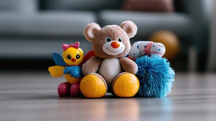 Playful teddy bear and toys on floor, living room background, child's room, playtime image for parenting websites