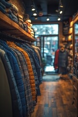 Obraz premium Cozy clothing store interior featuring a variety of jackets and sweaters on display in a vibrant urban setting