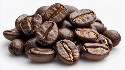 Obraz premium Pile of Roasted Coffee Beans on White Background 