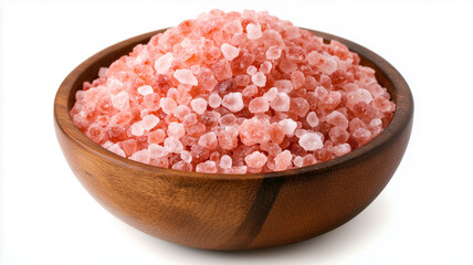 Wooden Bowl Filled with Himalayan Pink Salt on White Background

