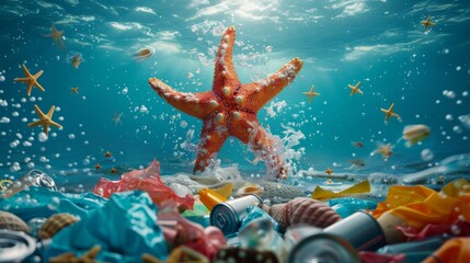 Ocean pollution awareness starfish among plastic waste underwater environment captivating viewpoint marine conservation
