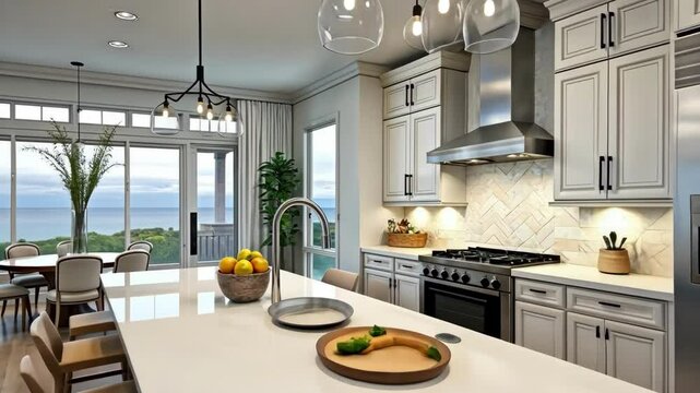 Stylish kitchen with modern appliances and coastal view