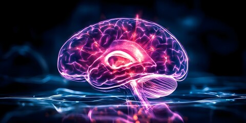 A vibrant, glowing representation of a brain, showcasing neural connections with bright colors against a dark background. Concept Neural Connections, Vibrant Brain Art, Colorful Visualization