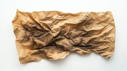 Obraz premium Crumpled brown paper, dirty texture, white background, food packaging design