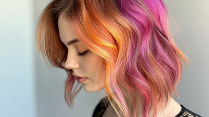 Obraz premium Close-up of a woman with beautifully colored hair, featuring vibrant highlights and a stylish cut, set against a neutral backdrop to emphasize the hairs richness.