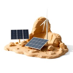 Sculptural clay art, strong hard light. Remote renewable energy setup with solar panels and wind turbine, isolated on white, modeled shapes, Created using Generative Ai