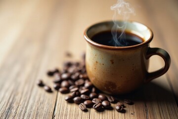 Aromatic Steam Rising from a Rustic Coffee Mug Beside Roasted Beans on a Wooden Surface