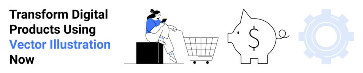 Woman browsing on a phone next to a cart, large piggy bank, and gear symbol. Ideal for online shopping, e-commerce, financial planning, savings, digital marketing, tech innovation flat landing page