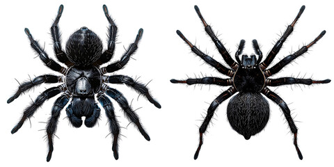 Set of a, A black spider, top view, full body, isolated on a transparent background.