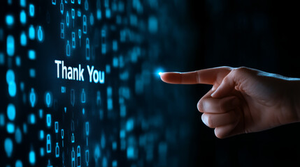 A futuristic scene showcasing a hand engaging with a virtual display, emanating a sense of gratitude through the phrase Thank You  surrounded by glowing blue elements.