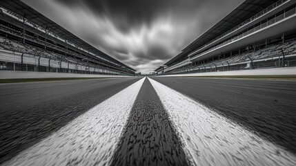 Fototapeta premium Race track asphalt, dramatic sky, grandstands, speed