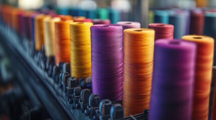 A detailed view of a textile factory with colorful fabrics being processed, illustrating the intricate steps in garment manufacturing  