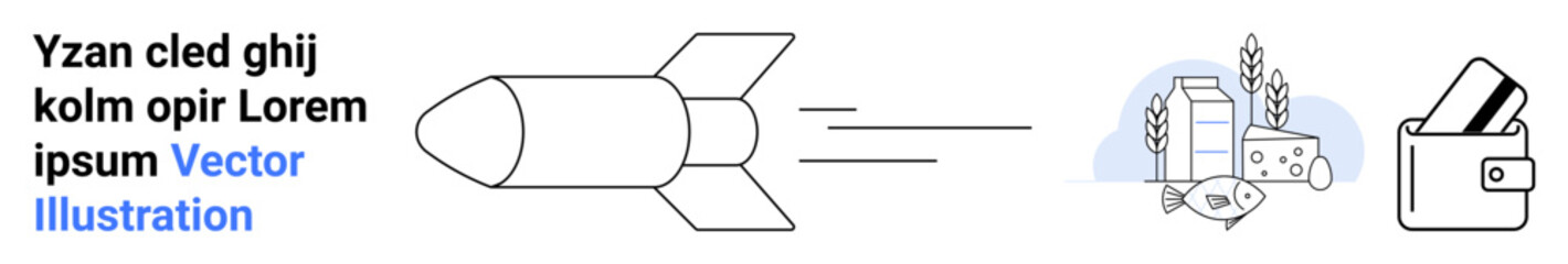 Rocket launching at high speed towards a collection of food and wallet emphasizing fast services. Ideal for delivery, ecommerce, logistics, efficiency, technology, online shopping, and finance