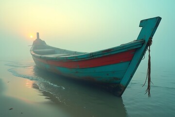 Fototapeta premium Traditional Asian fishing small boat on sea shore.