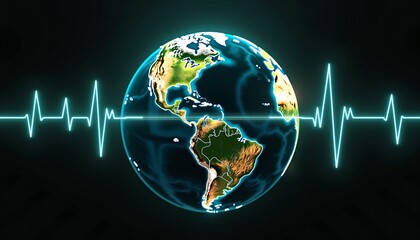 Glowing Earth with heartbeat pulse line on dark background.