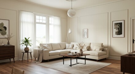 Minimalist, japandi interior design of modern living room with accent armchair