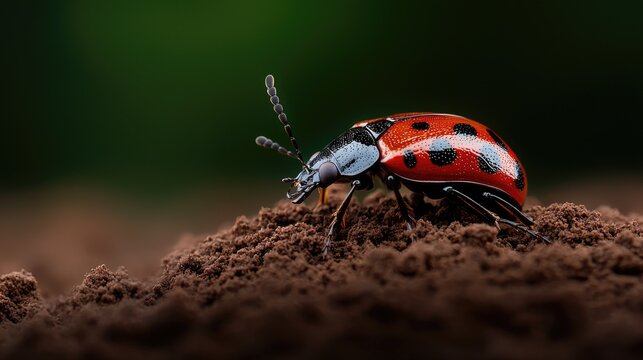 Red beetle crawling on dark soil, green background, nature macro photography, website or print