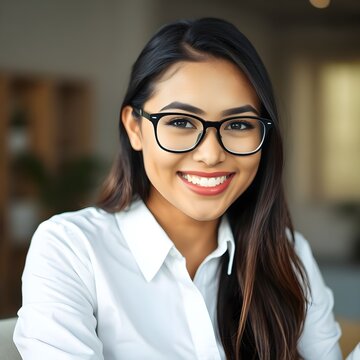 Una mujer hermosa con gafas de cornudo negro sonriente