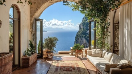 Obraz premium Breathtaking elegance: An Italian villa with panoramic Mediterranean scenery. 