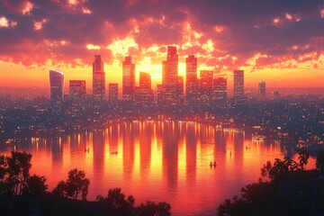 Fototapeta premium A vibrant sunset illuminates the Los Angeles skyline, reflecting beautifully in the water below, creating a stunning urban landscape.
