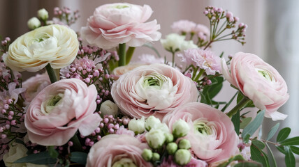  Bouquet of pale pink flowers with lavender hints, featuring soft ruffled petals and scattered green buds. Set against a creamy blurred background, the dreamy pastel palette evokes calmness