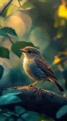 Golden hour bird watching in dense forest.