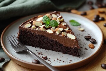 Delicious chocolate cake slice decorated with raspberries and almonds on wooden table