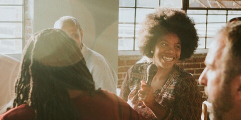 Joyful discussion group meeting