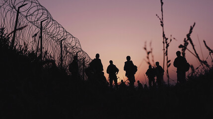 Silhouettes of soldiers walking behind barbed wire fencing at sunset, creating a dramatic contrast between war, security, and twilight.  