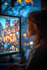 Young woman gazes at city skyline on computer screen during twilight, immersed in digital world