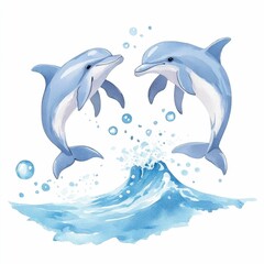 Fototapeta premium Vibrant watercolor depicting dolphins gracefully jumping over soft swirling ocean waves surrounded by glowing bubbles This serene