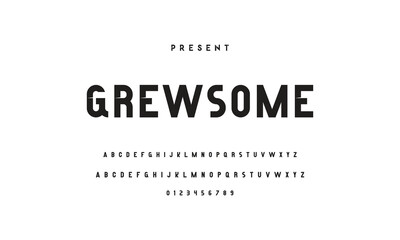 Modern serif alphabet design with uppercase, lowercase, numbers and symbol